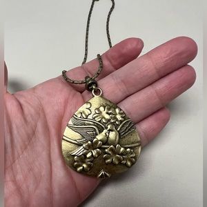 Gold pendant and necklace, double sided, dove/cherry blossom, gemstone